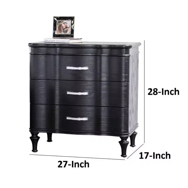Royal Hampton Nightstand, 3 Drawers, Black Solid Wood, Metal Handles, 28 Inch