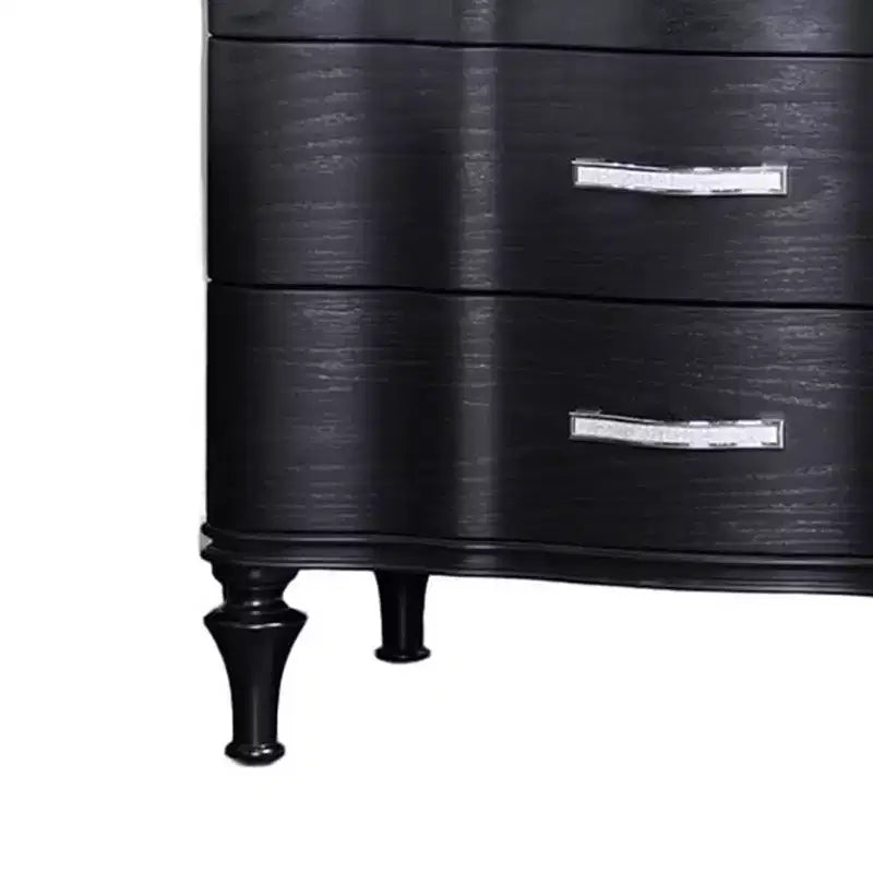 Royal Hampton Nightstand, 3 Drawers, Black Solid Wood, Metal Handles, 28 Inch
