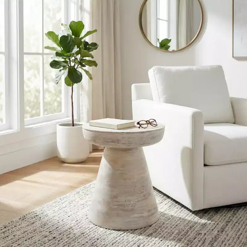 Natural Wood Round Side End Table for Living Room Decor - Handcrafted Accent Table with Pedestal Base
