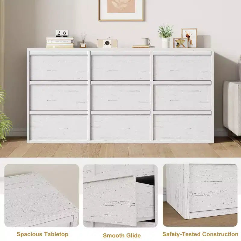 9-Drawer Dresser for Bedroom, 58.7 Wide Freestanding Wooden Horizontal Storage Chest, Closet Organizer Furniture for Living Room & Entryway