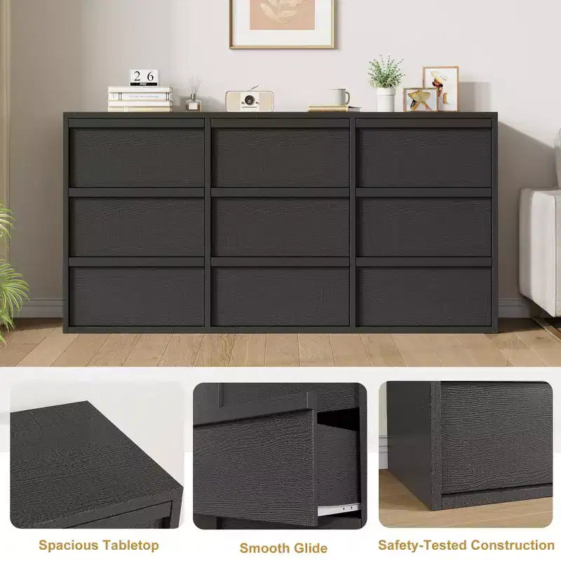 9-Drawer Dresser for Bedroom, 58.7 Wide Freestanding Wooden Horizontal Storage Chest, Closet Organizer Furniture for Living Room & Entryway