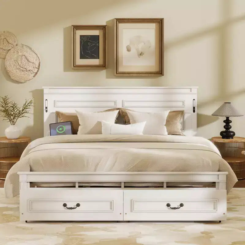 GDFStudio Joanne Modern Pinewood Bed with Tall-Panel Headboard and 2 Storage Drawers