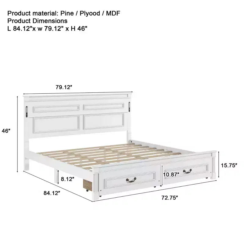 GDFStudio Joanne Modern Pinewood Bed with Tall-Panel Headboard and 2 Storage Drawers