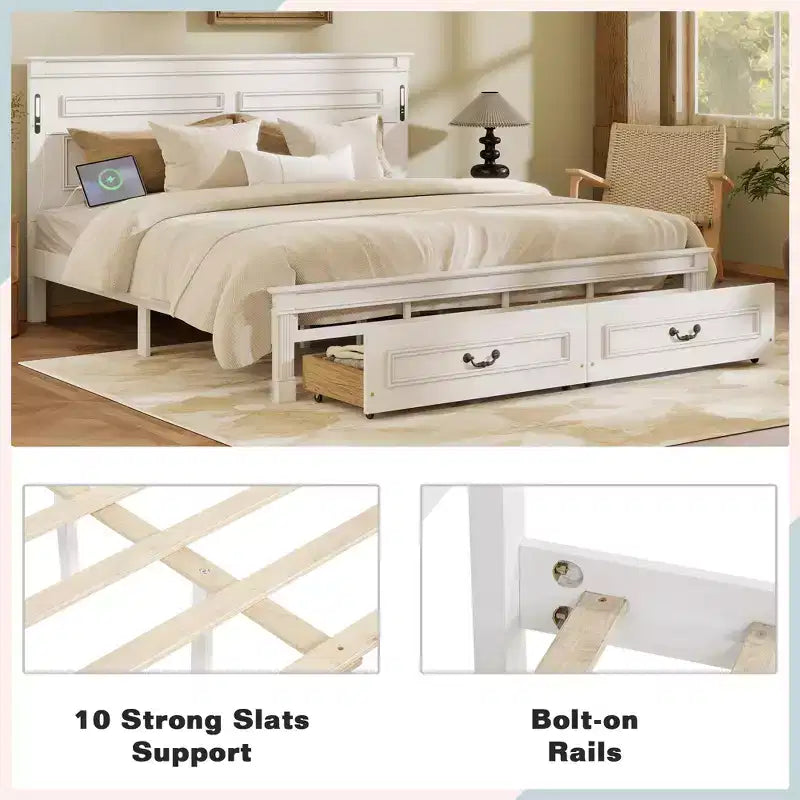 GDFStudio Joanne Modern Pinewood Bed with Tall-Panel Headboard and 2 Storage Drawers