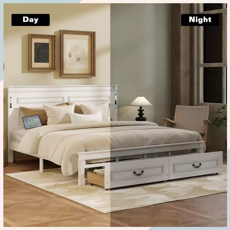 GDFStudio Joanne Modern Pinewood Bed with Tall-Panel Headboard and 2 Storage Drawers