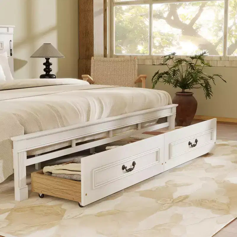 GDFStudio Joanne Modern Pinewood Bed with Tall-Panel Headboard and 2 Storage Drawers