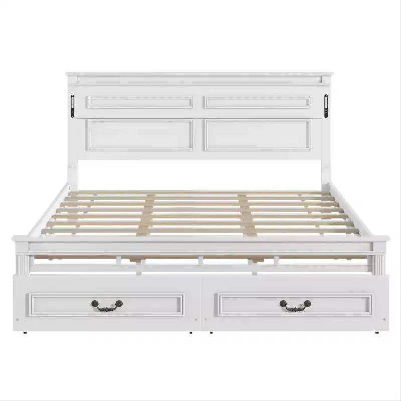 GDFStudio Joanne Modern Pinewood Bed with Tall-Panel Headboard and 2 Storage Drawers