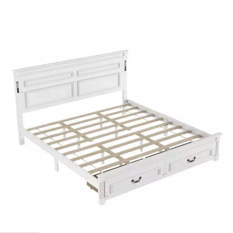 GDFStudio Joanne Modern Pinewood Bed with Tall-Panel Headboard and 2 Storage Drawers
