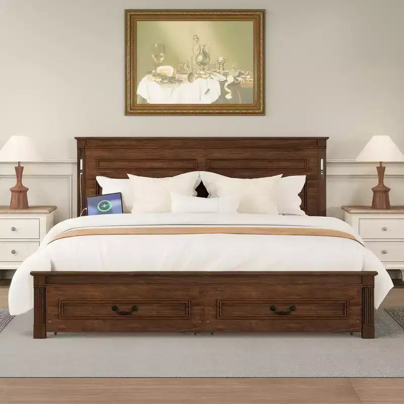 GDFStudio Joanne Modern Pinewood Bed with Tall-Panel Headboard and 2 Storage Drawers