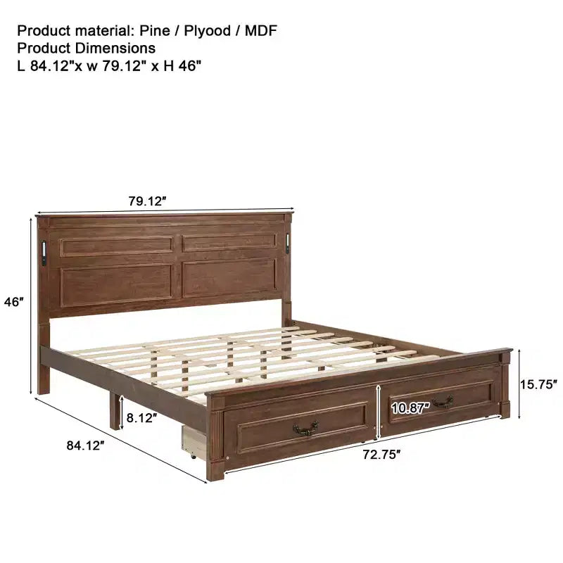 GDFStudio Joanne Modern Pinewood Bed with Tall-Panel Headboard and 2 Storage Drawers