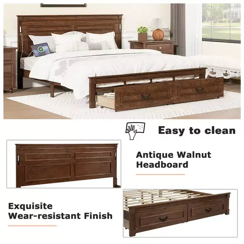 GDFStudio Joanne Modern Pinewood Bed with Tall-Panel Headboard and 2 Storage Drawers