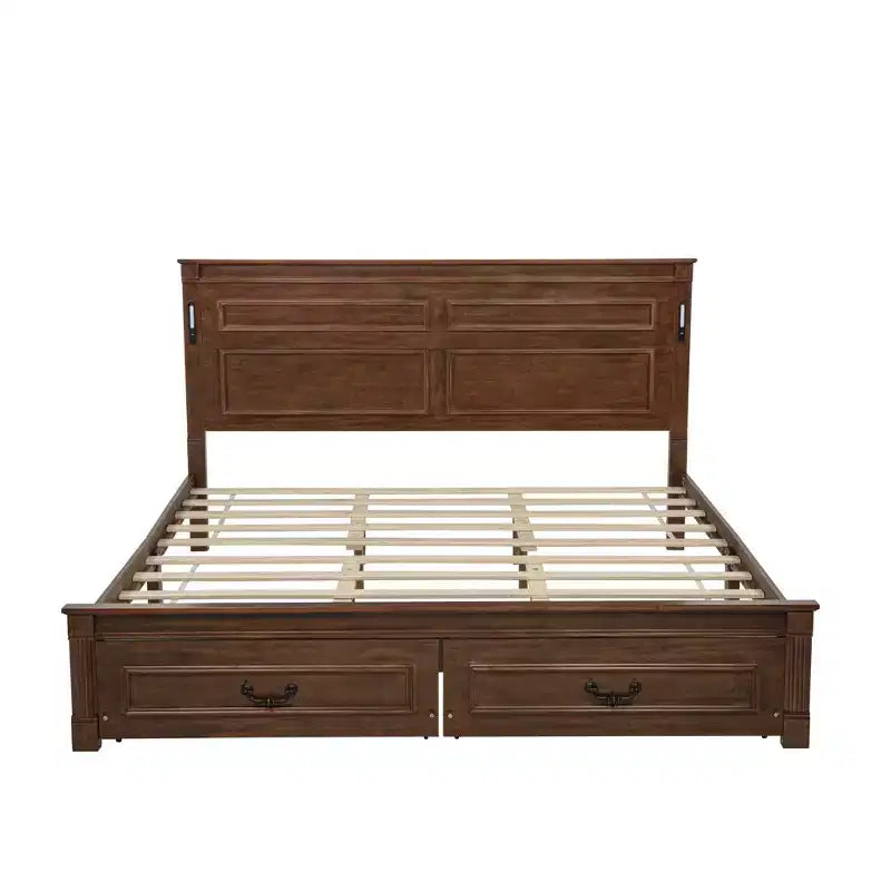 GDFStudio Joanne Modern Pinewood Bed with Tall-Panel Headboard and 2 Storage Drawers