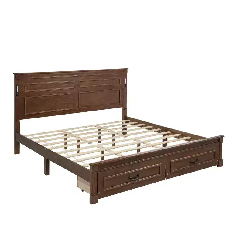 GDFStudio Joanne Modern Pinewood Bed with Tall-Panel Headboard and 2 Storage Drawers