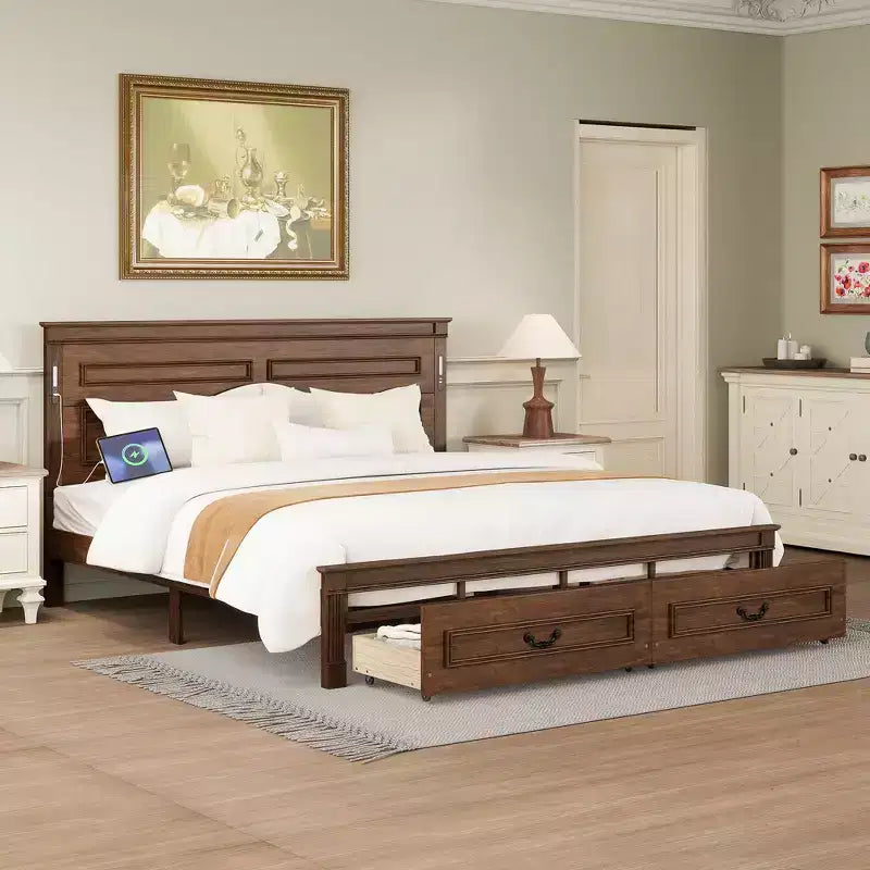 GDFStudio Joanne Modern Pinewood Bed with Tall-Panel Headboard and 2 Storage Drawers
