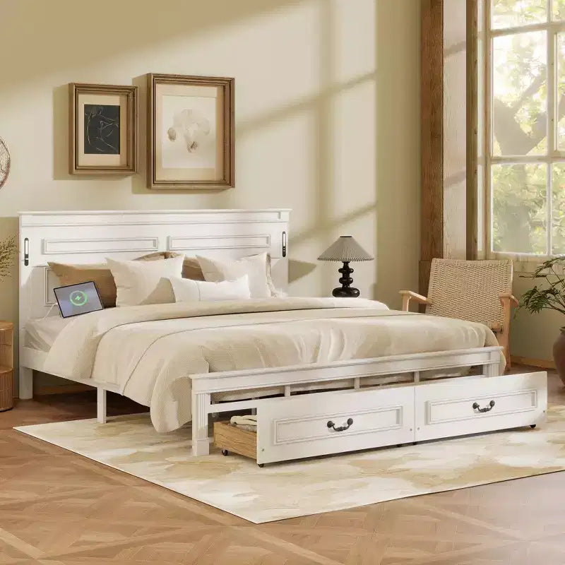 GDFStudio Joanne Modern Pinewood Bed with Tall-Panel Headboard and 2 Storage Drawers