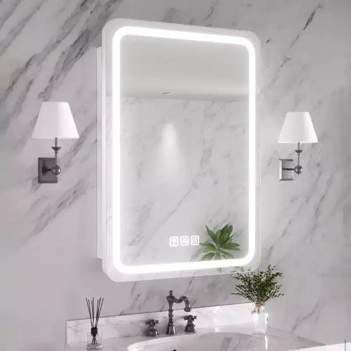 FAMYYT 20 in. W x 28 in. H Rectangular Iron Medicine Cabinet with Mirror, Dimmable LED Light, Anti-Fog and Outlets - Fully Assemble