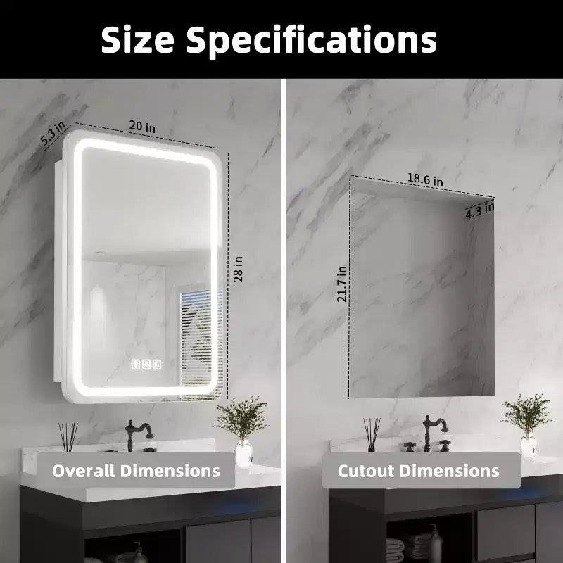 FAMYYT 20 in. W x 28 in. H Rectangular Iron Medicine Cabinet with Mirror, Dimmable LED Light, Anti-Fog and Outlets - Fully Assemble