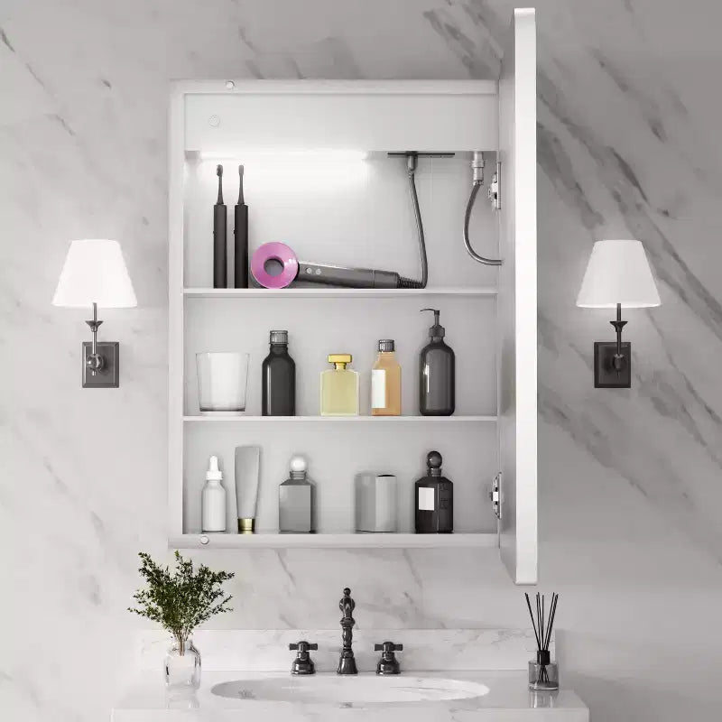 FAMYYT 20 in. W x 28 in. H Rectangular Iron Medicine Cabinet with Mirror, Dimmable LED Light, Anti-Fog and Outlets - Fully Assemble