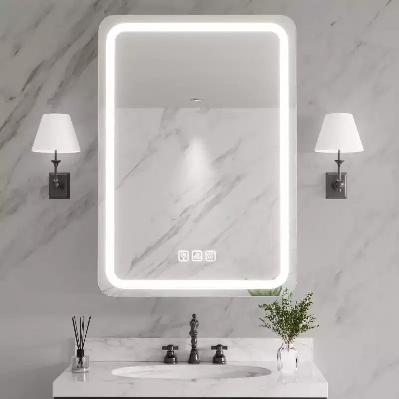 FAMYYT 20 in. W x 28 in. H Rectangular Iron Medicine Cabinet with Mirror, Dimmable LED Light, Anti-Fog and Outlets - Fully Assemble