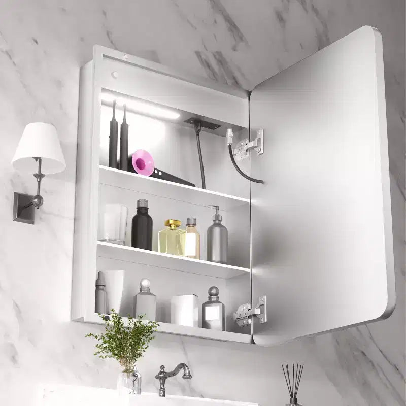 FAMYYT 20 in. W x 28 in. H Rectangular Iron Medicine Cabinet with Mirror, Dimmable LED Light, Anti-Fog and Outlets - Fully Assemble