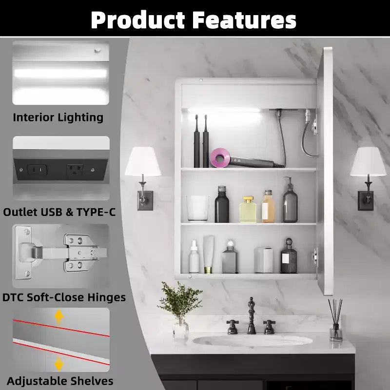 FAMYYT 20 in. W x 28 in. H Rectangular Iron Medicine Cabinet with Mirror, Dimmable LED Light, Anti-Fog and Outlets - Fully Assemble