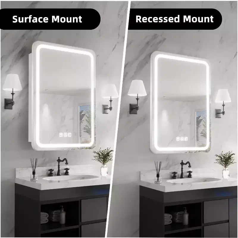 FAMYYT 20 in. W x 28 in. H Rectangular Iron Medicine Cabinet with Mirror, Dimmable LED Light, Anti-Fog and Outlets - Fully Assemble