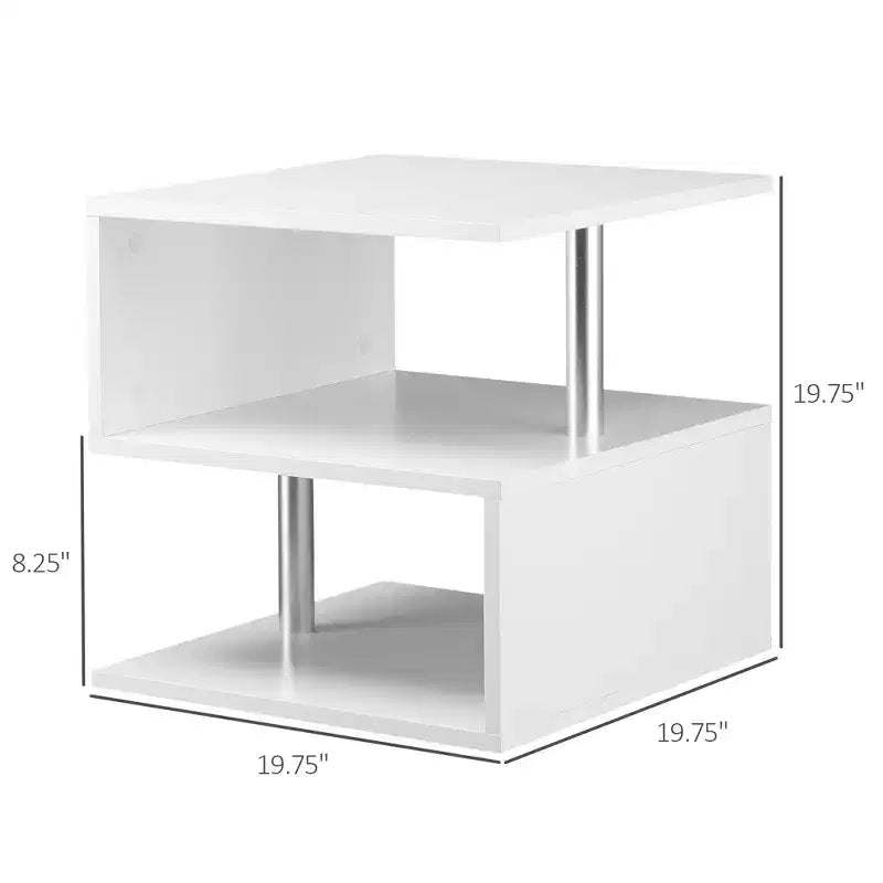 HOMCOM 20 White S-Shaped End Table, 3-Tier Accent Side Table with Storage Shelf Steel Poles for Living Room Bedroom