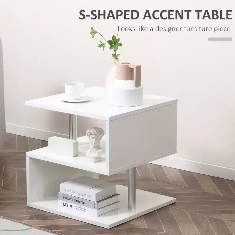 HOMCOM 20 White S-Shaped End Table, 3-Tier Accent Side Table with Storage Shelf Steel Poles for Living Room Bedroom