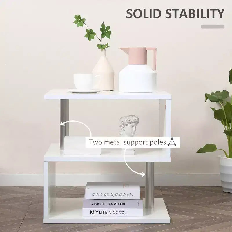 HOMCOM 20 White S-Shaped End Table, 3-Tier Accent Side Table with Storage Shelf Steel Poles for Living Room Bedroom