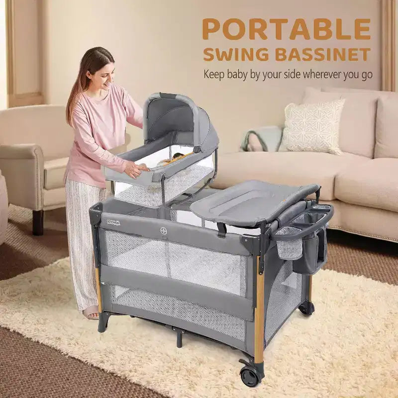 JOYMOR 7 in 1 Bedside Bassinet with Changing Table, All in One Nursery Center, Bedside Sleeper with Mattress, Sheet, Canopy