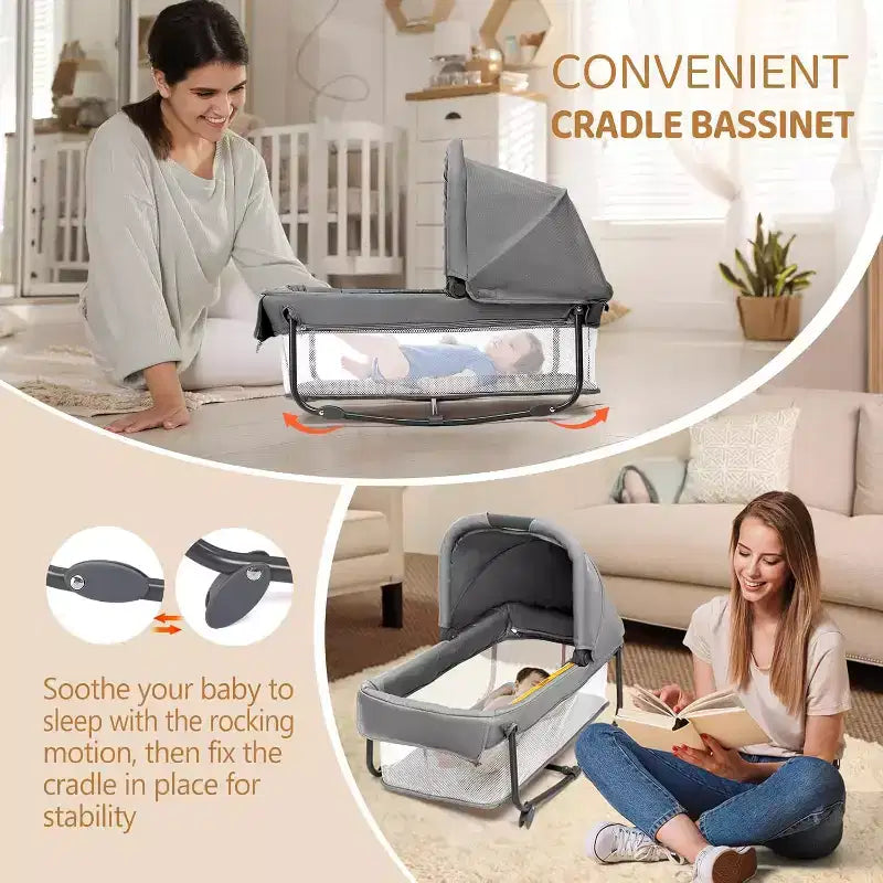 JOYMOR 7 in 1 Bedside Bassinet with Changing Table, All in One Nursery Center, Bedside Sleeper with Mattress, Sheet, Canopy