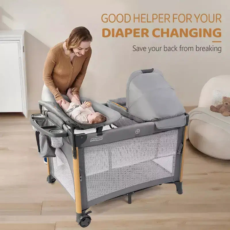 JOYMOR 7 in 1 Bedside Bassinet with Changing Table, All in One Nursery Center, Bedside Sleeper with Mattress, Sheet, Canopy