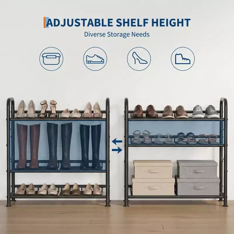 High-Capacity Slim Shoe Rack, Narrow Metal Frame Organizer with Adjustable Fabric Shelves for Entryway, Bedroom, Closet, and Small Spaces