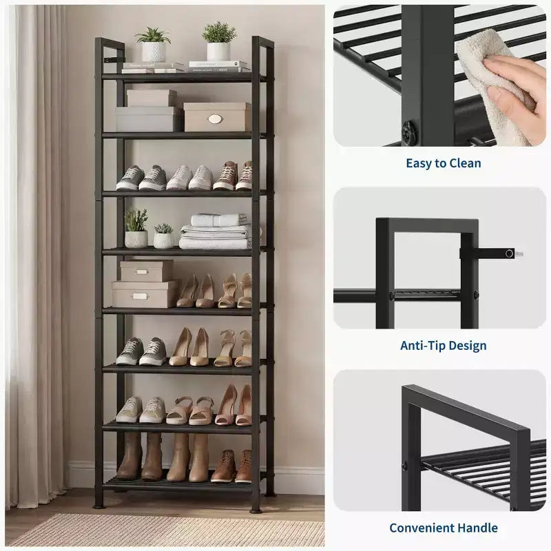 High-Capacity Slim Shoe Rack, Narrow Metal Frame Organizer with Adjustable Fabric Shelves for Entryway, Bedroom, Closet, and Small Spaces