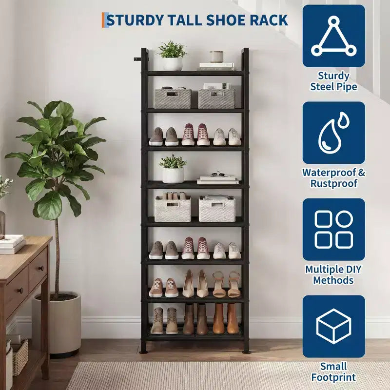 High-Capacity Slim Shoe Rack, Narrow Metal Frame Organizer with Adjustable Fabric Shelves for Entryway, Bedroom, Closet, and Small Spaces