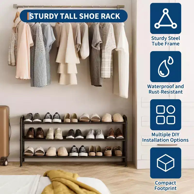 High-Capacity Slim Shoe Rack, Narrow Metal Frame Organizer with Adjustable Fabric Shelves for Entryway, Bedroom, Closet, and Small Spaces
