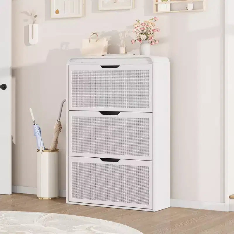 Boho Rattan Shoe Cabinet with 3 Flip Drawers, Space-Saving Slim Wood Shoe Storage Organizer w/ Adjustable Shelves for Narrow Entryway & Hallway