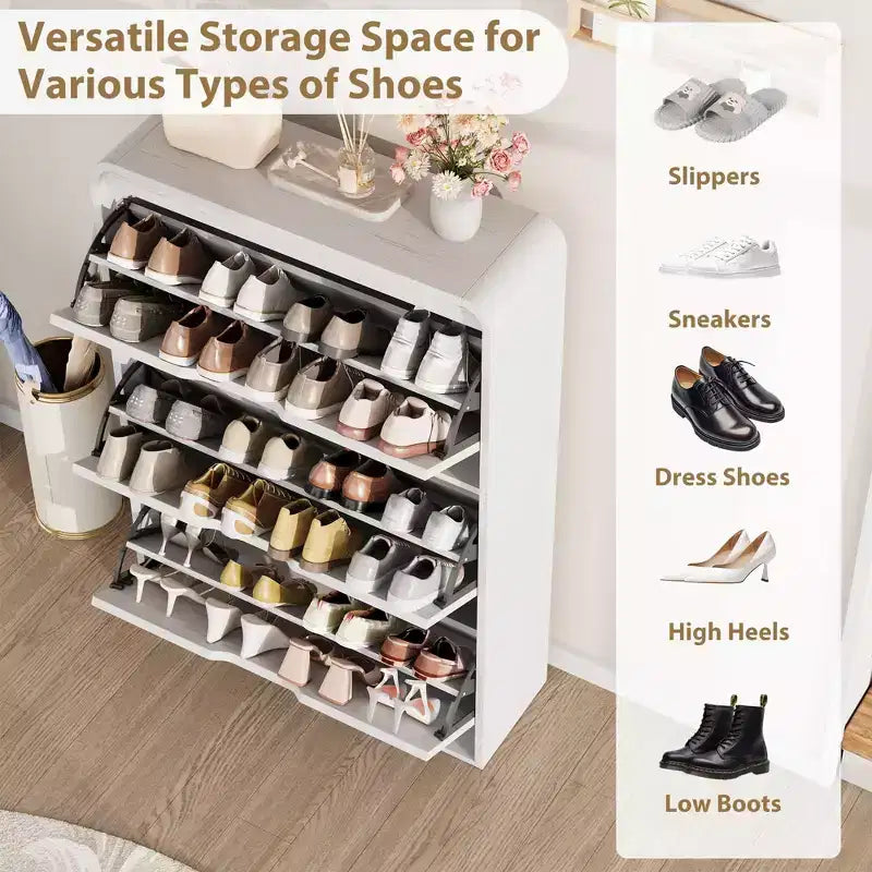 Boho Rattan Shoe Cabinet with 3 Flip Drawers, Space-Saving Slim Wood Shoe Storage Organizer w/ Adjustable Shelves for Narrow Entryway & Hallway