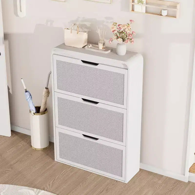 Boho Rattan Shoe Cabinet with 3 Flip Drawers, Space-Saving Slim Wood Shoe Storage Organizer w/ Adjustable Shelves for Narrow Entryway & Hallway