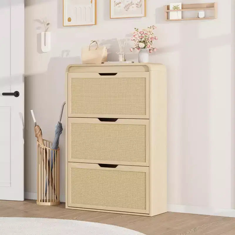 Boho Rattan Shoe Cabinet with 3 Flip Drawers, Space-Saving Slim Wood Shoe Storage Organizer w/ Adjustable Shelves for Narrow Entryway & Hallway