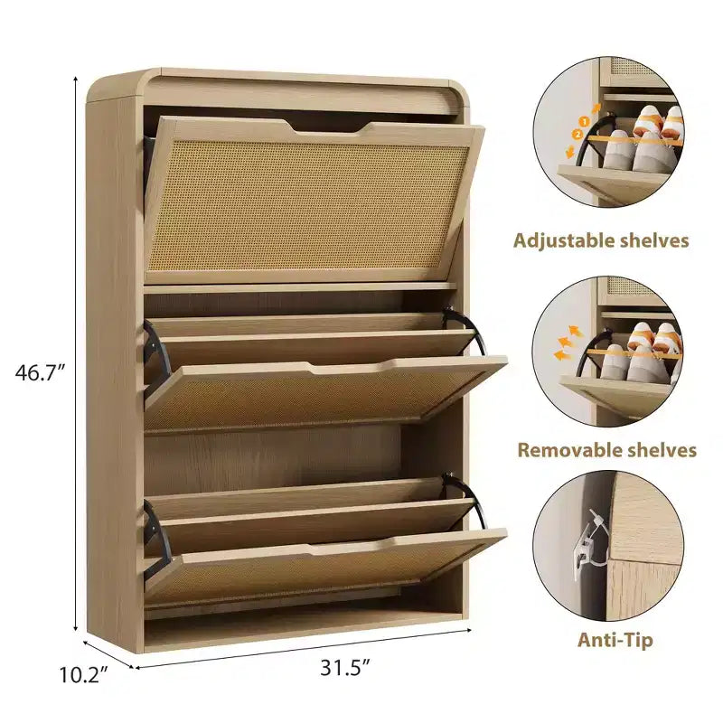 Boho Rattan Shoe Cabinet with 3 Flip Drawers, Space-Saving Slim Wood Shoe Storage Organizer w/ Adjustable Shelves for Narrow Entryway & Hallway