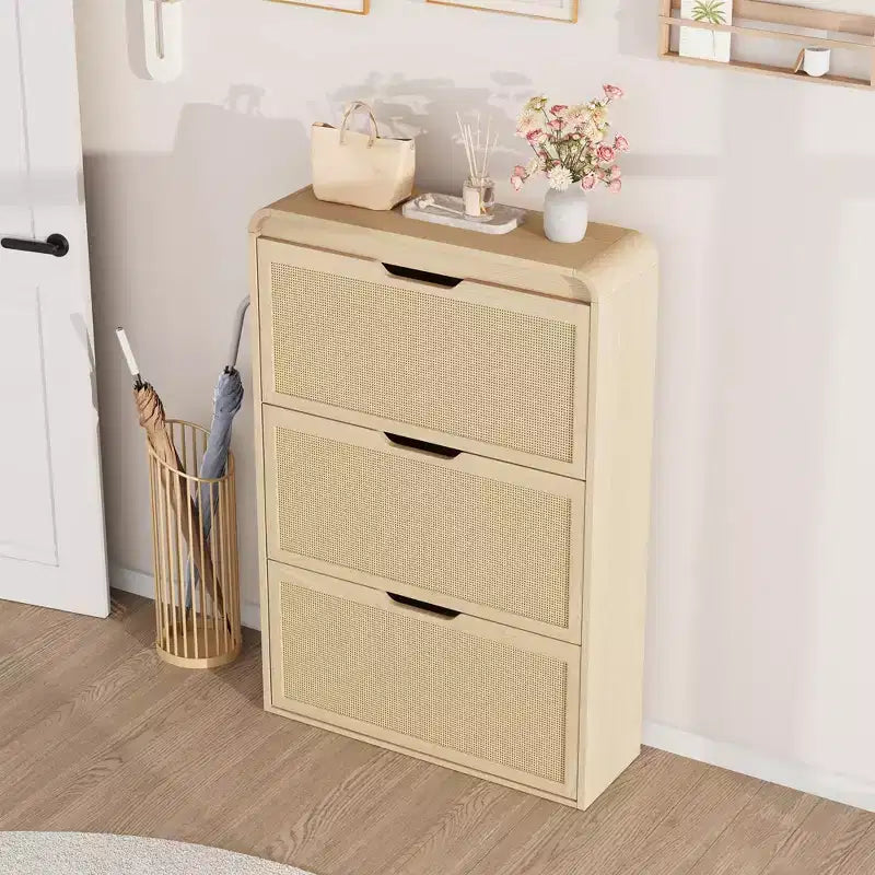 Boho Rattan Shoe Cabinet with 3 Flip Drawers, Space-Saving Slim Wood Shoe Storage Organizer w/ Adjustable Shelves for Narrow Entryway & Hallway