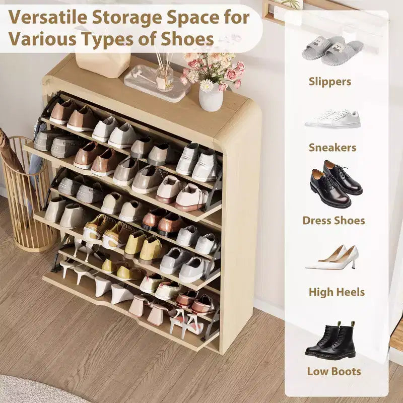 Boho Rattan Shoe Cabinet with 3 Flip Drawers, Space-Saving Slim Wood Shoe Storage Organizer w/ Adjustable Shelves for Narrow Entryway & Hallway