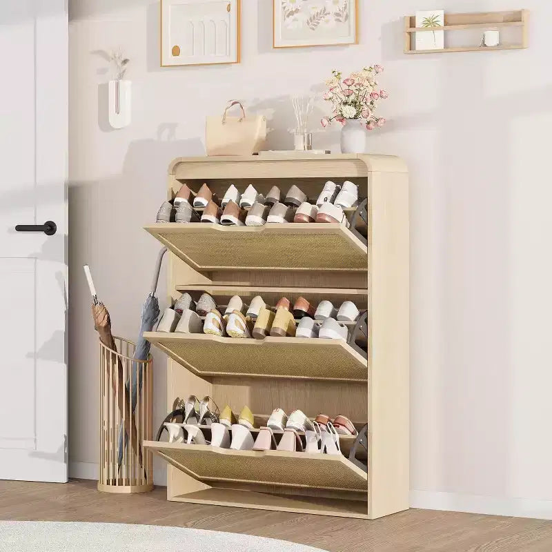 Boho Rattan Shoe Cabinet with 3 Flip Drawers, Space-Saving Slim Wood Shoe Storage Organizer w/ Adjustable Shelves for Narrow Entryway & Hallway