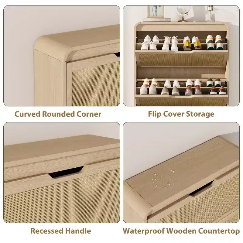Boho Rattan Shoe Cabinet with 3 Flip Drawers, Space-Saving Slim Wood Shoe Storage Organizer w/ Adjustable Shelves for Narrow Entryway & Hallway