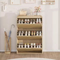 Boho Rattan Shoe Cabinet with 3 Flip Drawers, Space-Saving Slim Wood Shoe Storage Organizer w/ Adjustable Shelves for Narrow Entryway & Hallway