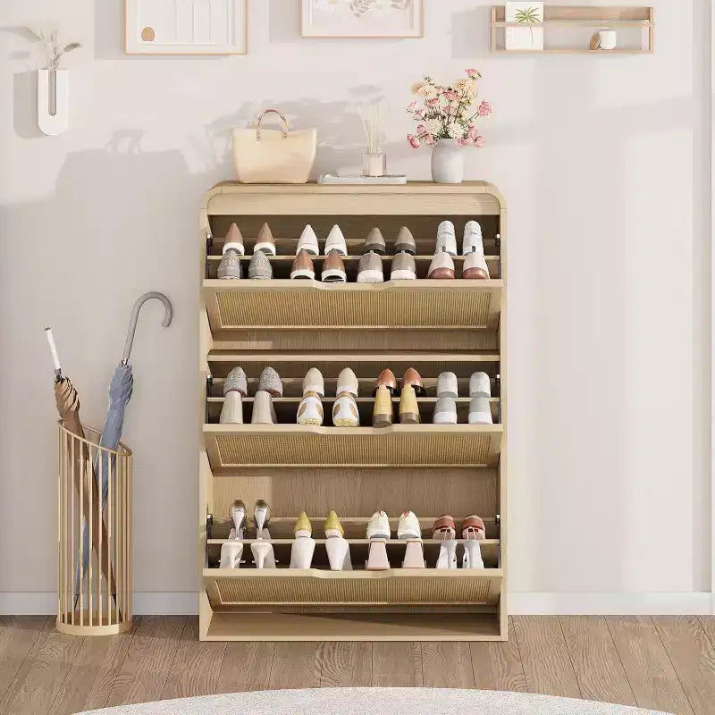 Boho Rattan Shoe Cabinet with 3 Flip Drawers, Space-Saving Slim Wood Shoe Storage Organizer w/ Adjustable Shelves for Narrow Entryway & Hallway