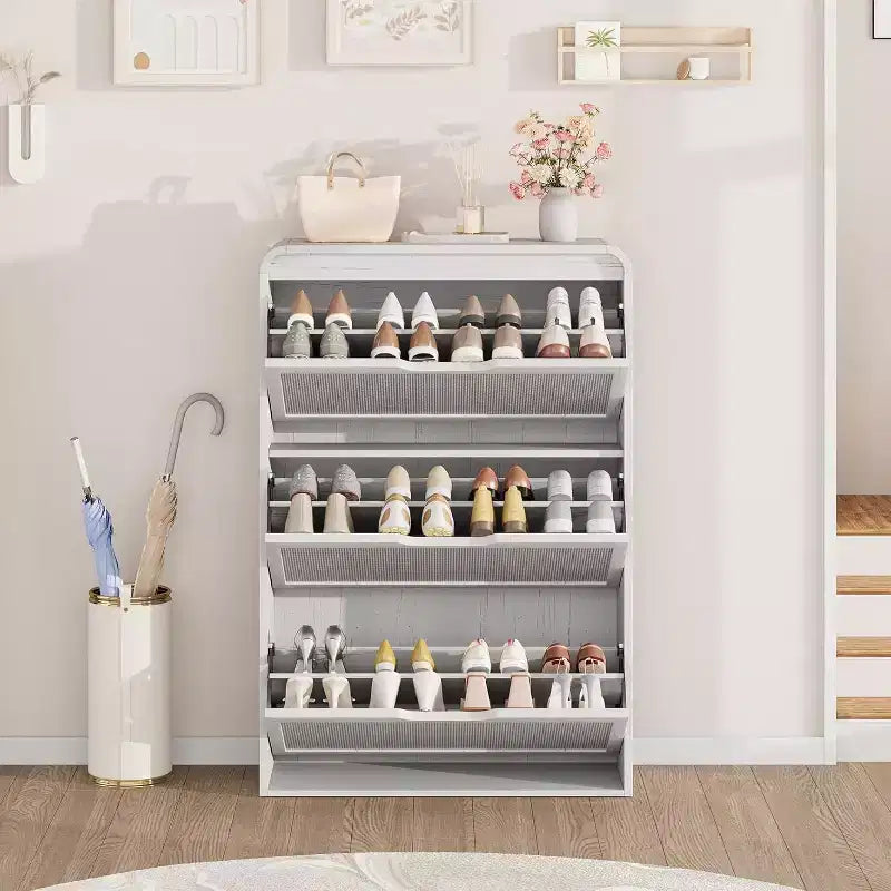 Boho Rattan Shoe Cabinet with 3 Flip Drawers, Space-Saving Slim Wood Shoe Storage Organizer w/ Adjustable Shelves for Narrow Entryway & Hallway