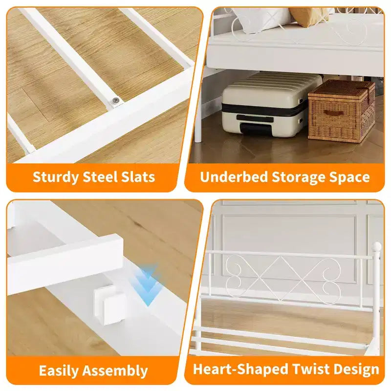 Twin Metal Sofa Bed w/ Heart-Shaped Headboard, Sturdy Daybed Frame for Kids Bedroom & Guest Room, Heavy Duty Slats, No Box Spring Needed