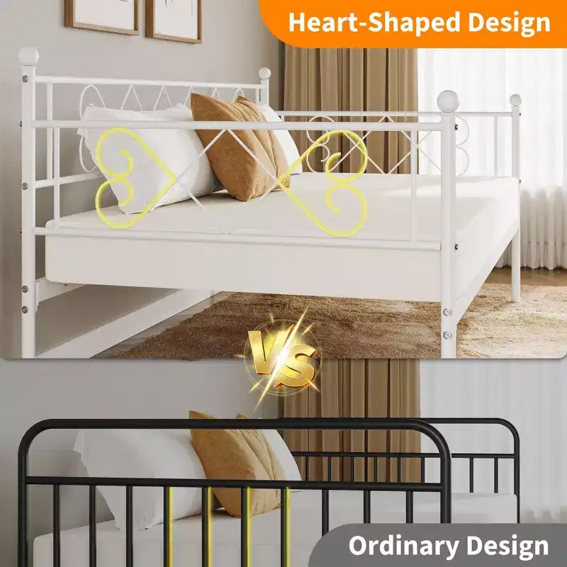 Twin Metal Sofa Bed w/ Heart-Shaped Headboard, Sturdy Daybed Frame for Kids Bedroom & Guest Room, Heavy Duty Slats, No Box Spring Needed